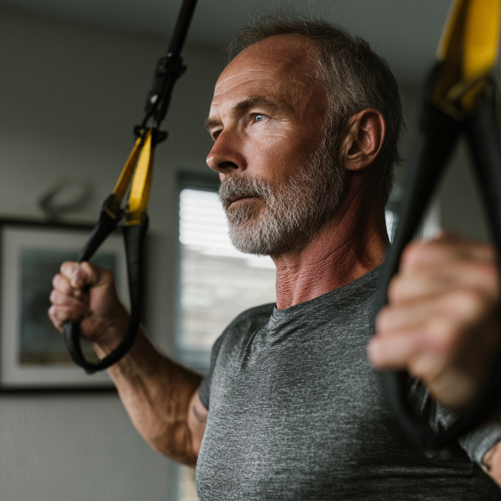 Smiling confident elderly European man in athletic wear showing strength and vitality