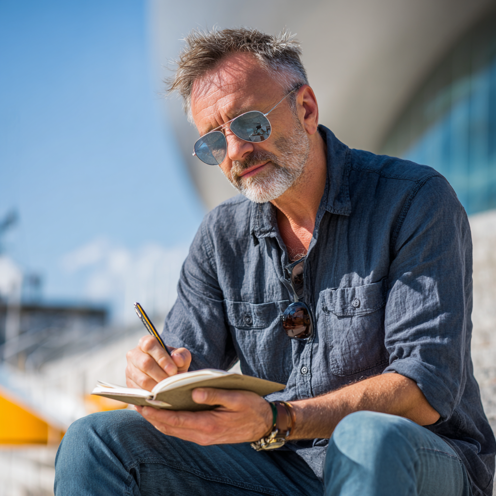 Happy elderly European man preparing healthy nutritious meal in modern kitchen